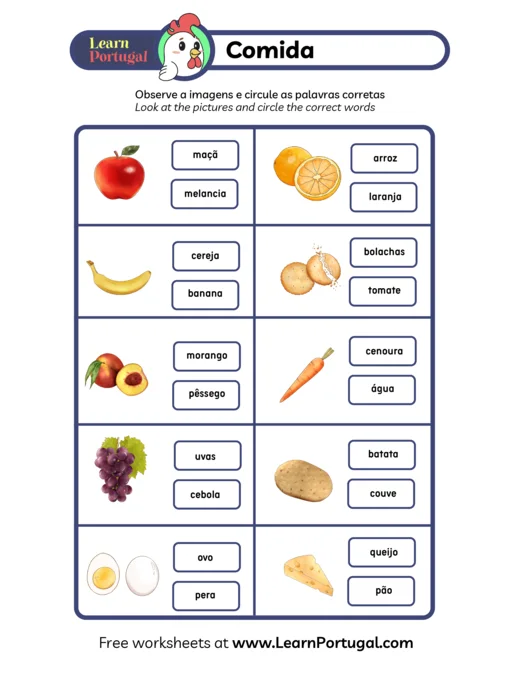 European Portuguese food word matching worksheet preview